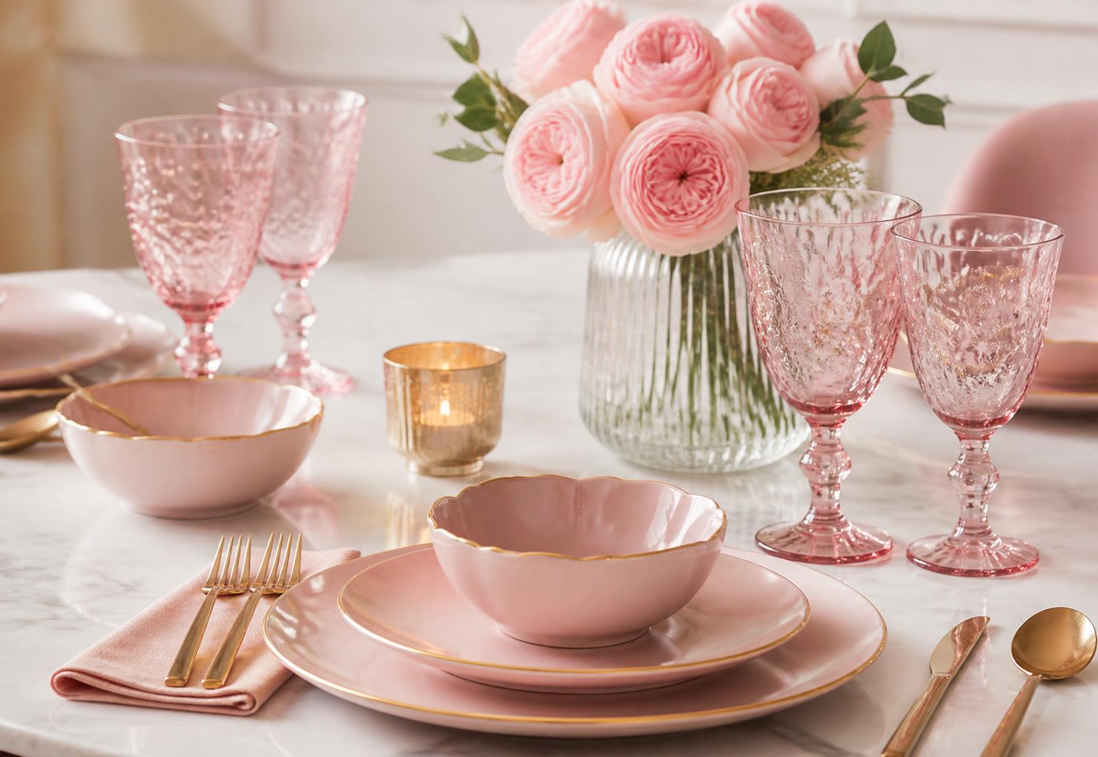 Mesa posta com taças rosé, louças e talheres dourados sobre mármore
